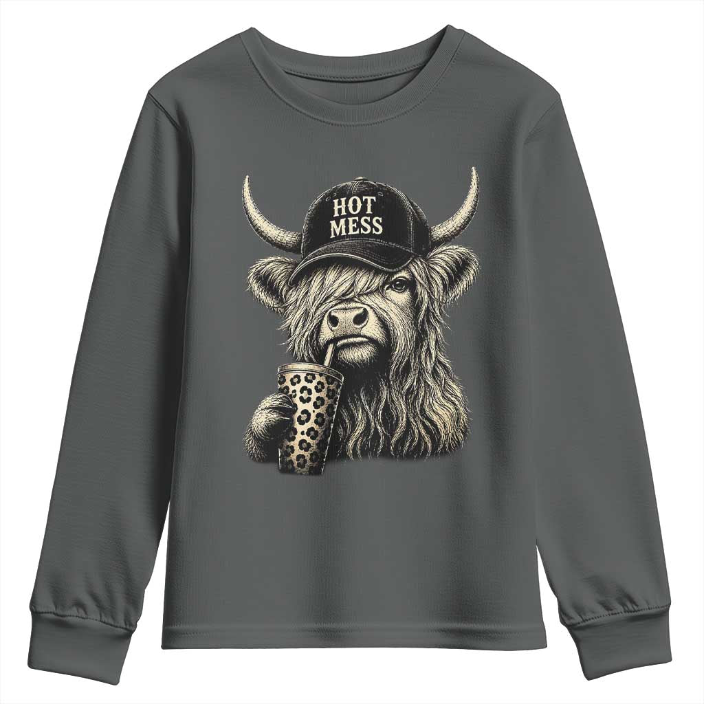 Hot Mess Highland Cow Sipping Iced Coffee Meme Youth Sweatshirt Funny Sarcastic Everyday Life Country Western Style