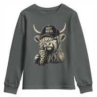 Hot Mess Highland Cow Sipping Iced Coffee Meme Youth Sweatshirt Funny Sarcastic Everyday Life Country Western Style