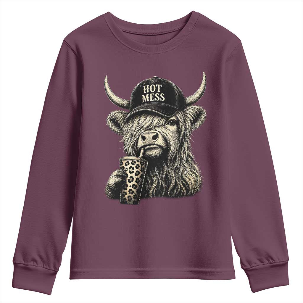 Hot Mess Highland Cow Sipping Iced Coffee Meme Youth Sweatshirt Funny Sarcastic Everyday Life Country Western Style