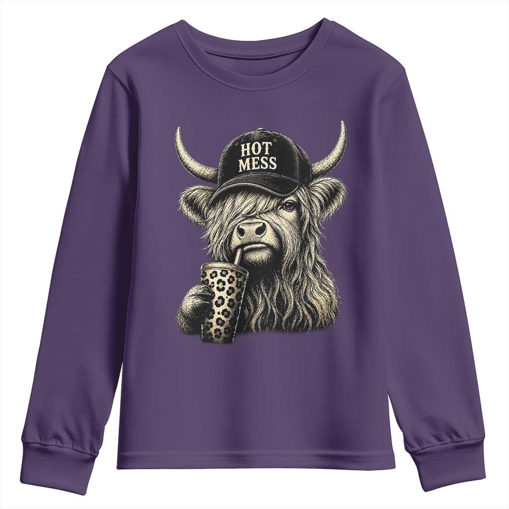 Hot Mess Highland Cow Sipping Iced Coffee Meme Youth Sweatshirt Funny Sarcastic Everyday Life Country Western Style