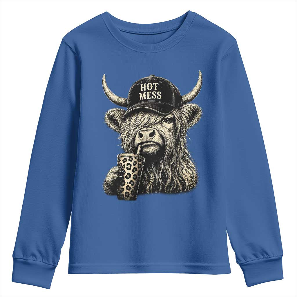 Hot Mess Highland Cow Sipping Iced Coffee Meme Youth Sweatshirt Funny Sarcastic Everyday Life Country Western Style