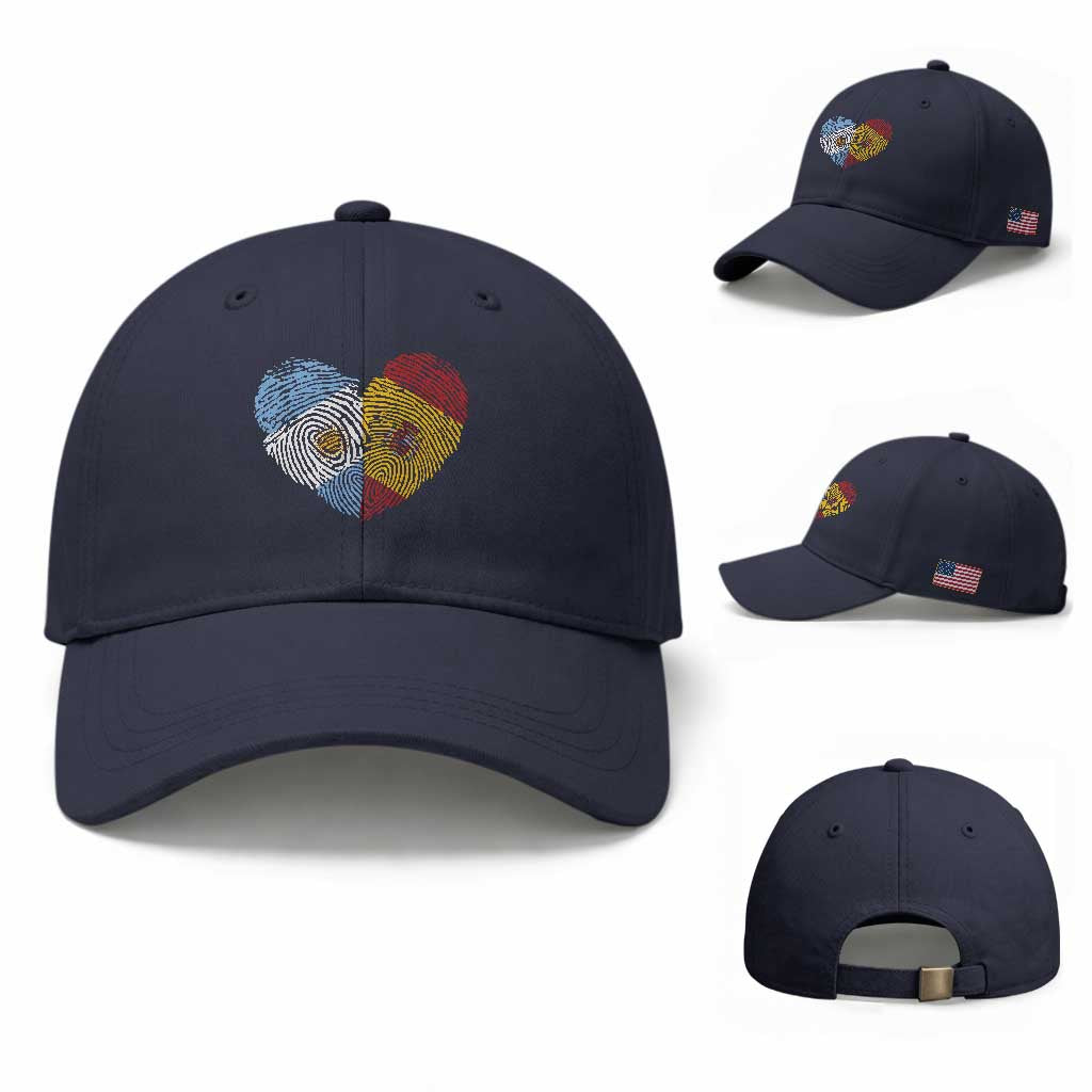 Argentina Spain Flag Mixed Roots Fingerprint Heart Graphic Baseball Cap Argentine Spanish Dual Heritage Hispanic Pride Match Day