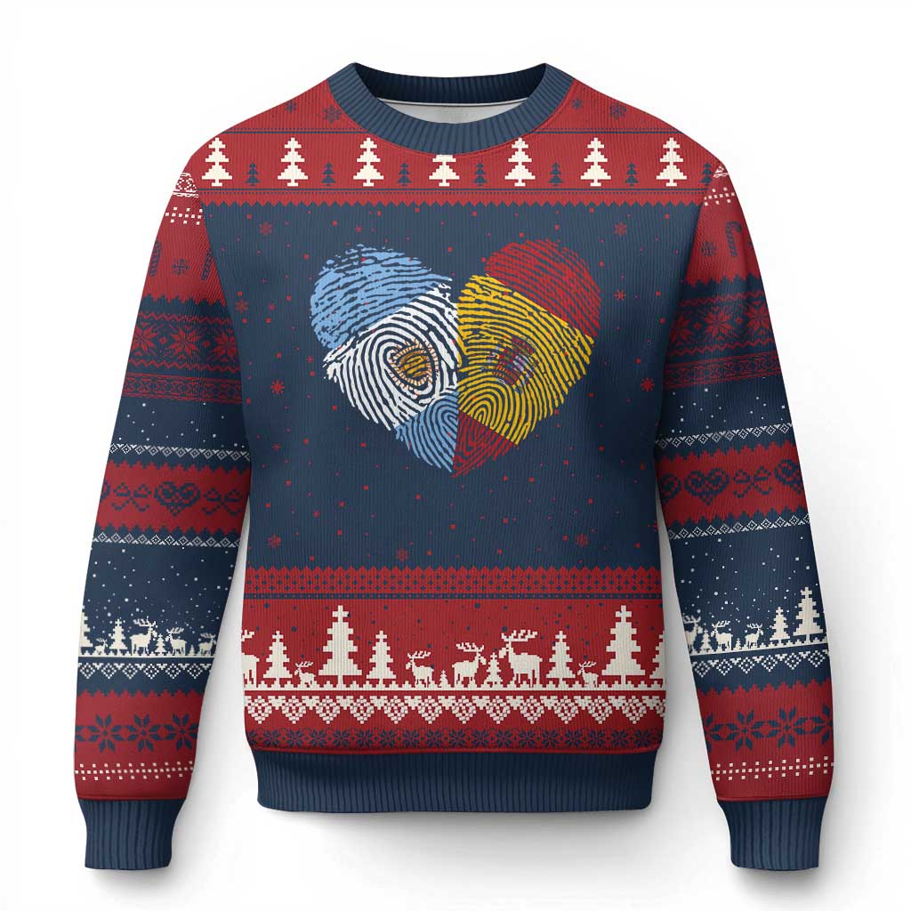 Argentina Spain Flag Mixed Roots Fingerprint Heart Graphic Ugly Christmas Sweater Argentine Spanish Dual Heritage Hispanic Pride Match Day