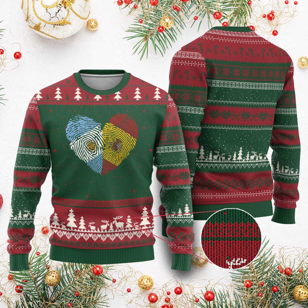 Argentina Spain Flag Mixed Roots Fingerprint Heart Graphic Ugly Christmas Sweater Argentine Spanish Dual Heritage Hispanic Pride Match Day