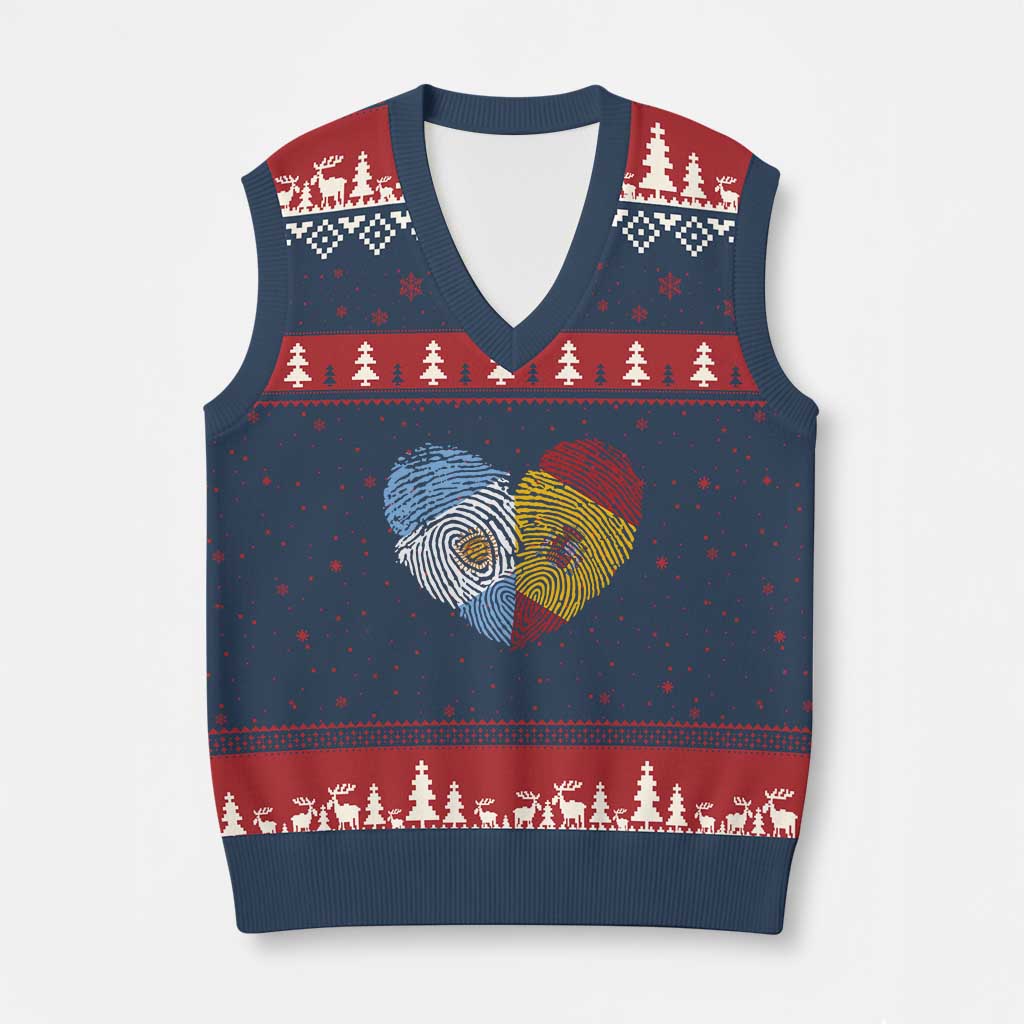 Argentina Spain Flag Mixed Roots Fingerprint Heart Graphic V-Neck Knit Sweater Vest Argentine Spanish Dual Heritage Hispanic Pride Match Day