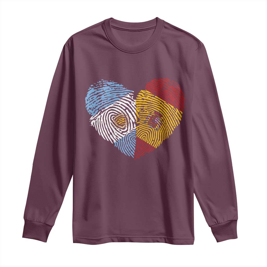 Argentina Spain Flag Mixed Roots Fingerprint Heart Graphic Long Sleeve Shirt Argentine Spanish Dual Heritage Hispanic Pride Match Day