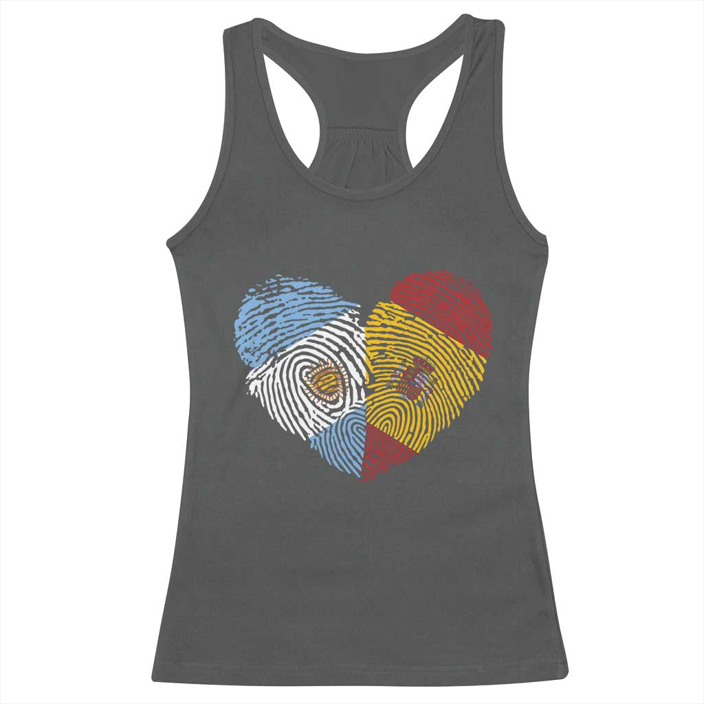 Argentina Spain Flag Mixed Roots Fingerprint Heart Graphic Racerback Tank Top Argentine Spanish Dual Heritage Hispanic Pride Match Day