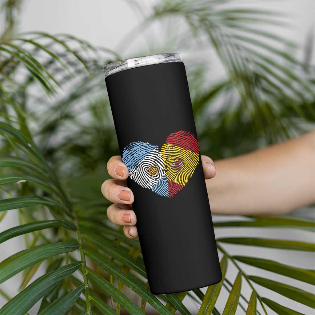 Argentina Spain Flag Mixed Roots Fingerprint Heart Graphic Skinny Tumbler Argentine Spanish Dual Heritage Hispanic Pride Match Day