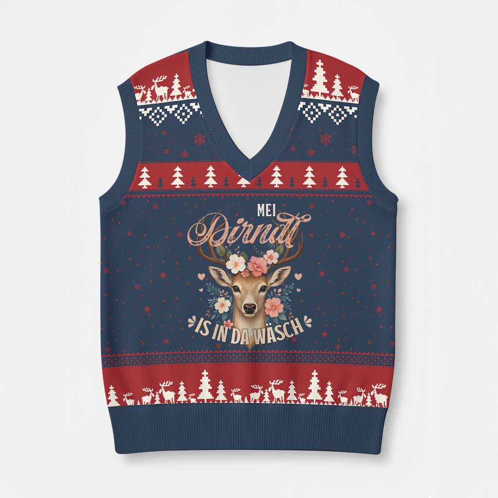 Funny Oktoberfest Deer V-Neck Knit Sweater Vest Mei Dirndl Is In Da Wasch German Bavarian Costume - Wonder Print Shop
