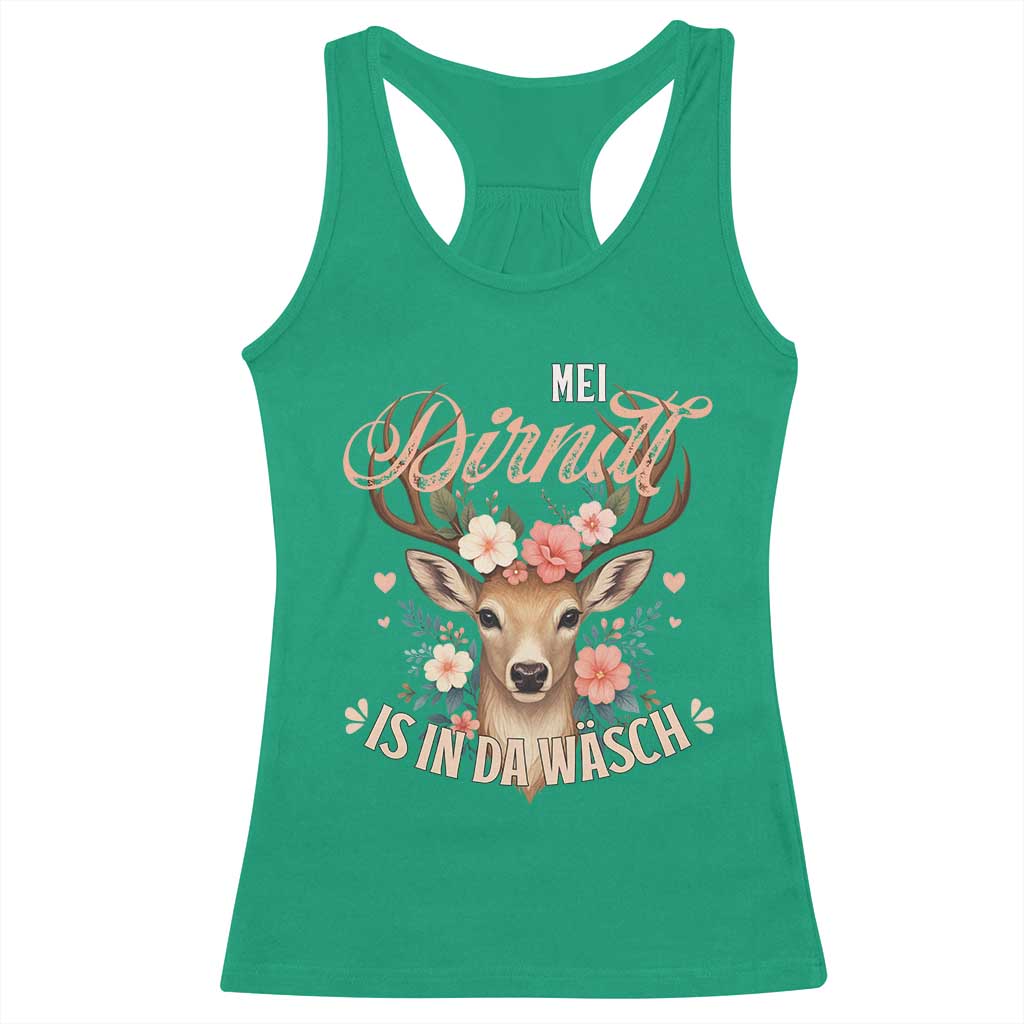 Funny Oktoberfest Deer Racerback Tank Top Mei Dirndl Is In Da Wasch German Bavarian Costume - Wonder Print Shop
