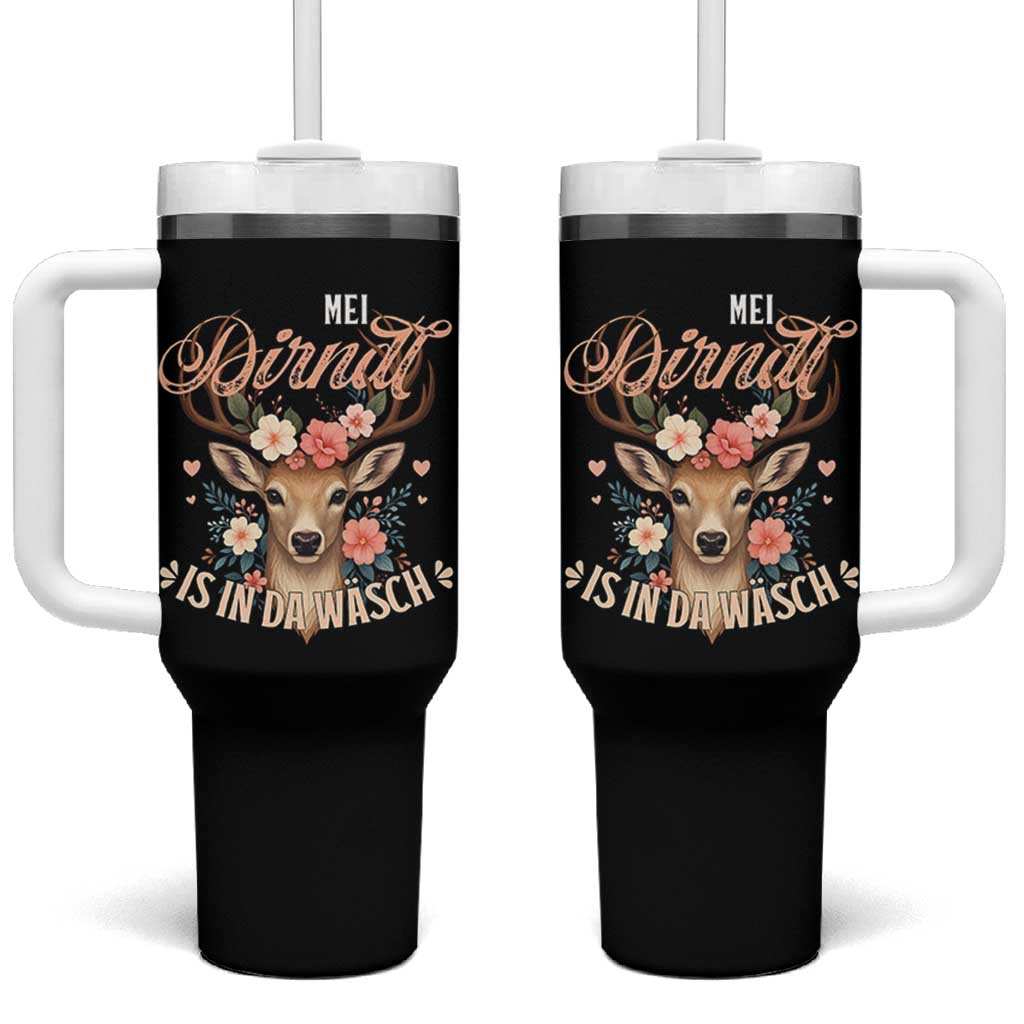 Funny Oktoberfest Deer Tumbler With Handle Mei Dirndl Is In Da Wasch German Bavarian Costume - Wonder Print Shop