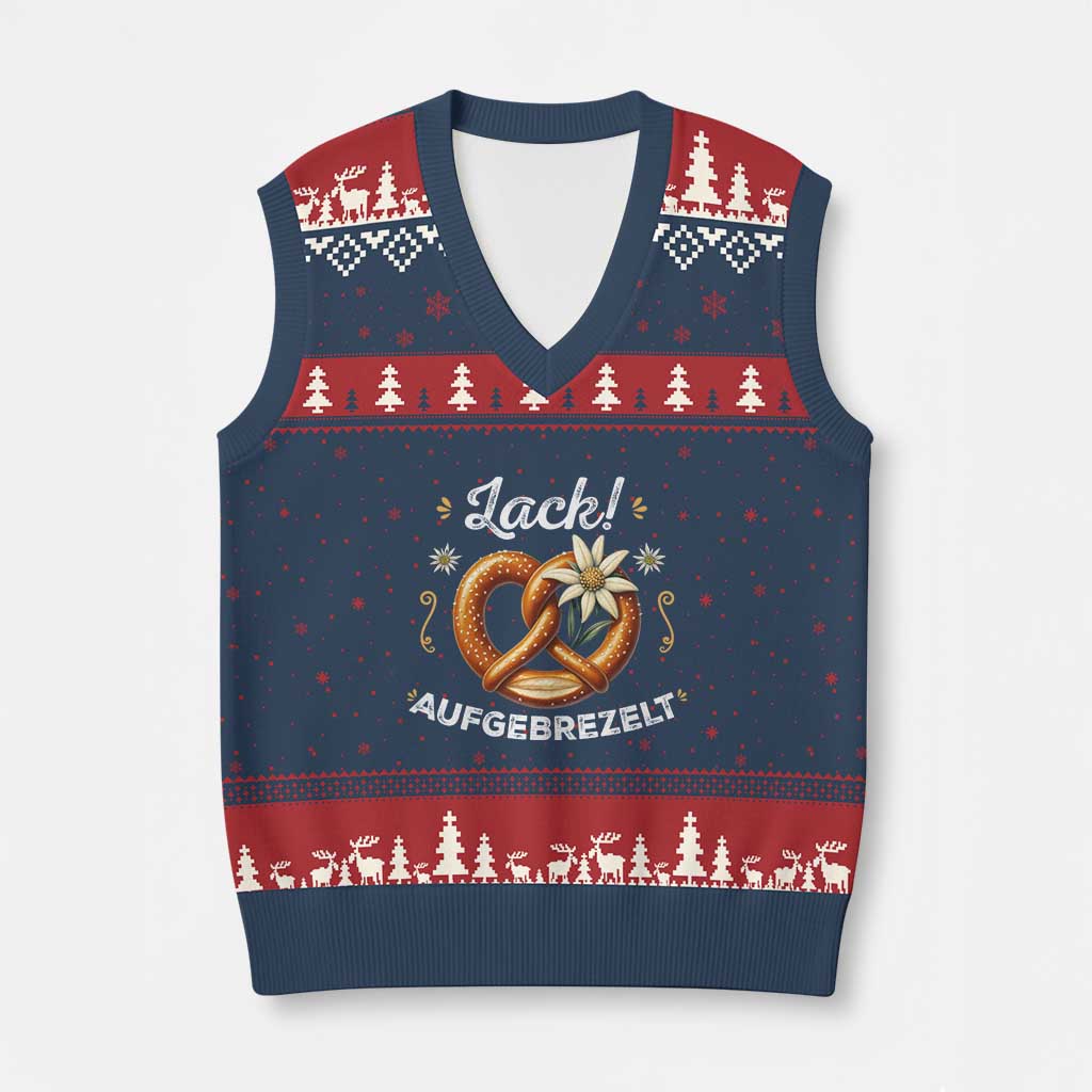 Zack Aufgebrezelt Oktoberfest V-Neck Knit Sweater Vest Dress Up Funny Pretzel Edelweiss Bavarian Festival - Wonder Print Shop