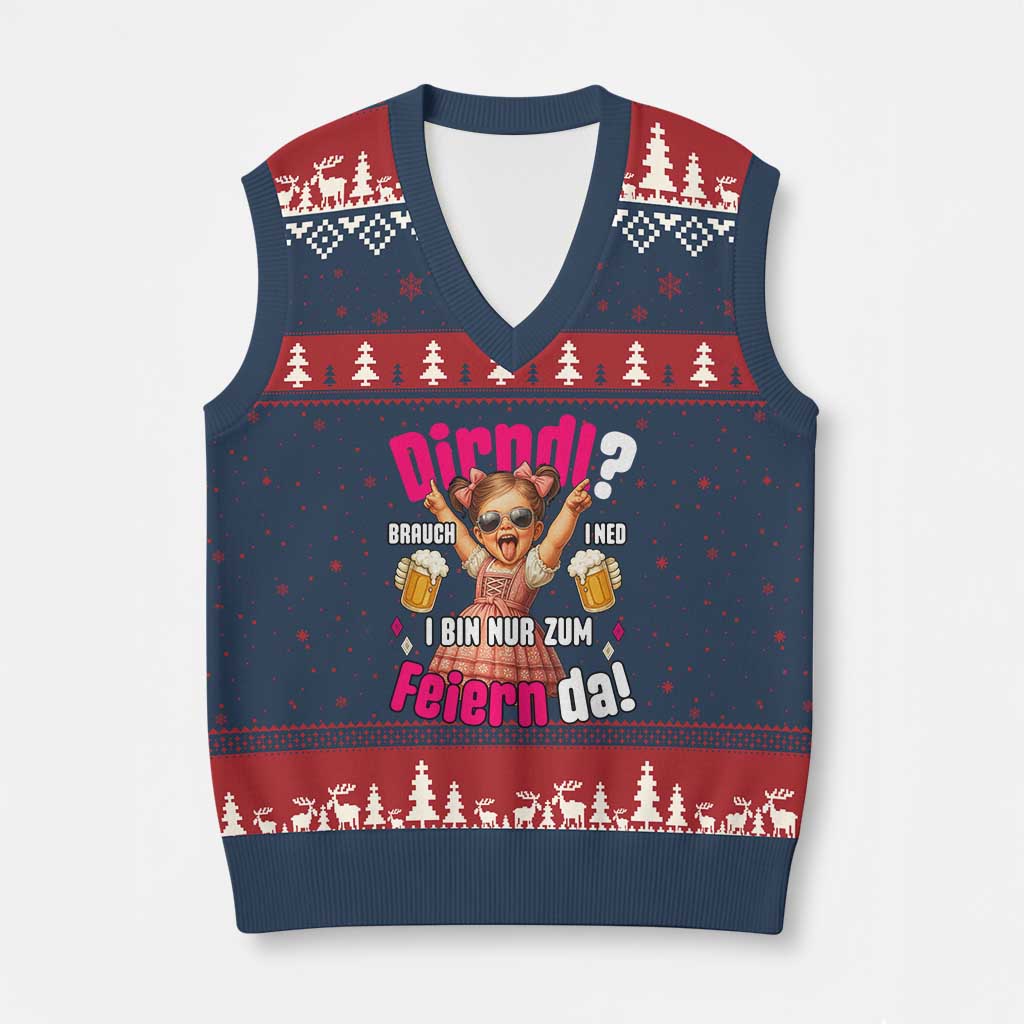 Funny Cute Girl Oktoberfest V-Neck Knit Sweater Vest Dirndle I Bin Nur Zum Feiern Da Party - Wonder Print Shop