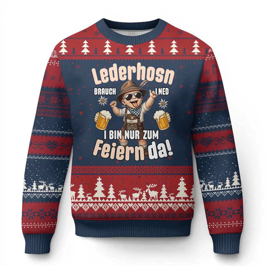 Funny Cute Boy Lederhosen Oktoberfest Ugly Christmas Sweater Lederhosn I Bin Nur Zum Feiern Da Party - Wonder Print Shop