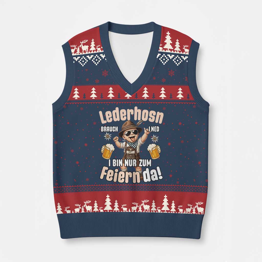 Funny Cute Boy Lederhosen Oktoberfest V-Neck Knit Sweater Vest Lederhosn I Bin Nur Zum Feiern Da Party - Wonder Print Shop