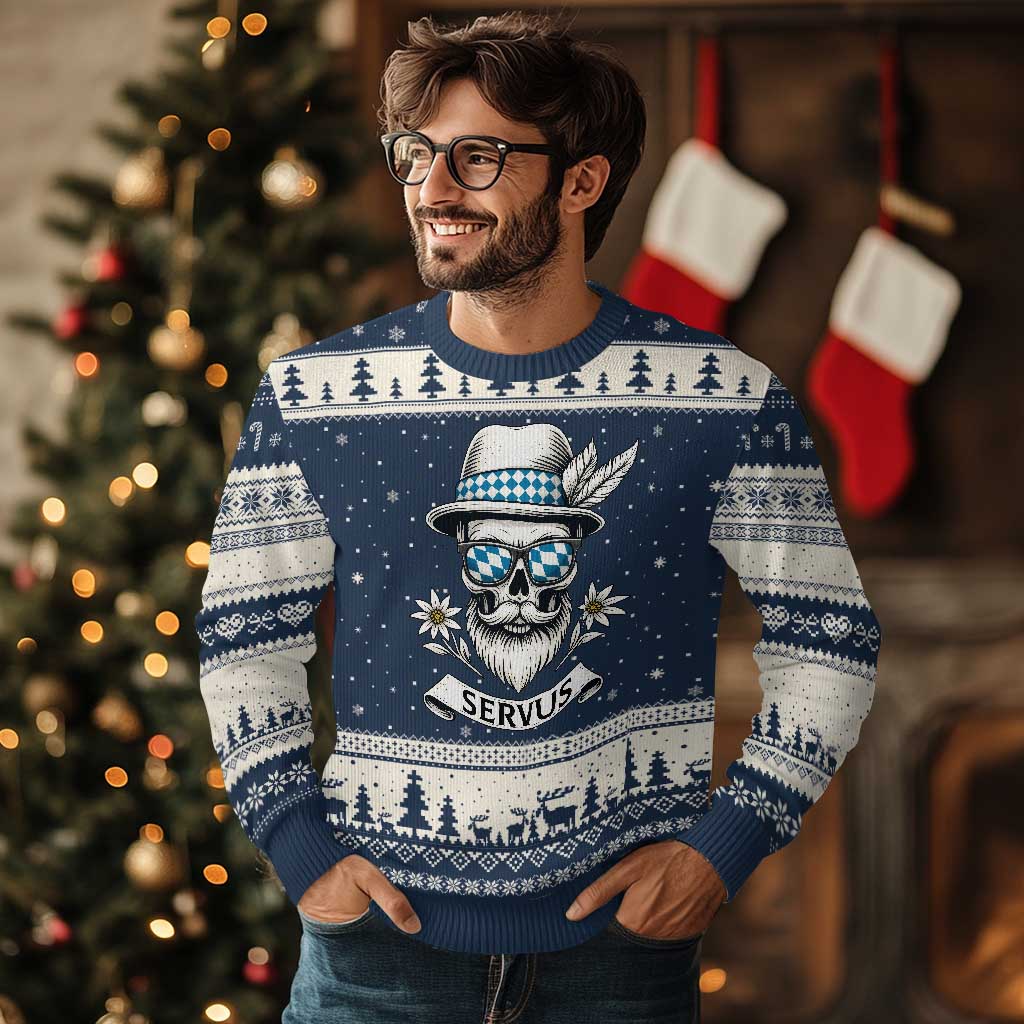 Bavarian Skull Servus Oktoberfest Ugly Christmas Sweater Cool Alpine Hat Tyrolean German Tradition Style - Wonder Print Shop