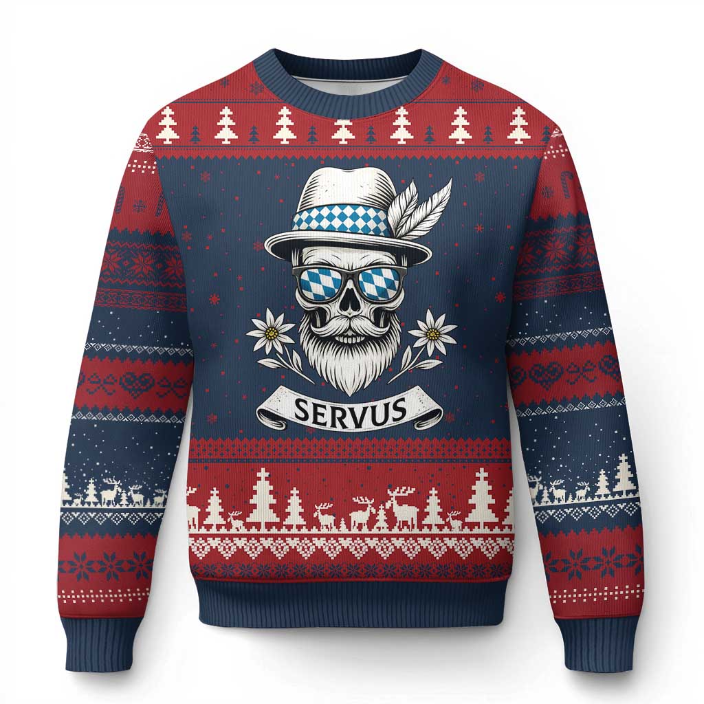 Bavarian Skull Servus Oktoberfest Ugly Christmas Sweater Cool Alpine Hat Tyrolean German Tradition Style - Wonder Print Shop