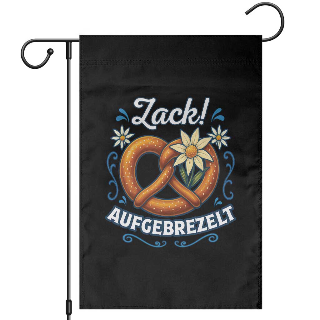 Zack Aufgebrezelt Oktoberfest Garden Flag Funny Bavarian Pretzel Edelweiss Blue - Wonder Print Shop