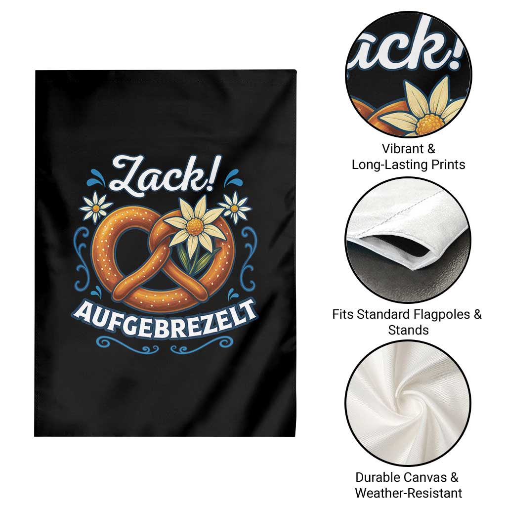 Zack Aufgebrezelt Oktoberfest Garden Flag Funny Bavarian Pretzel Edelweiss Blue - Wonder Print Shop
