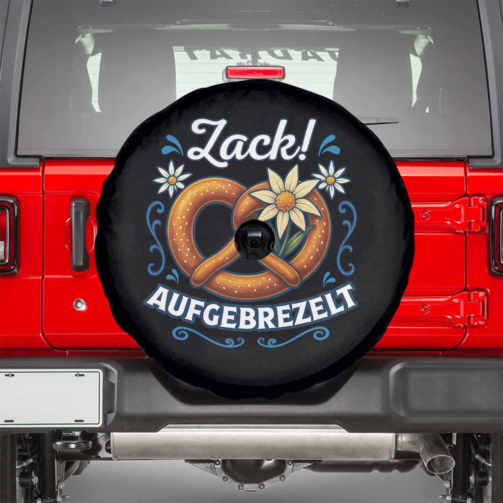 Zack Aufgebrezelt Oktoberfest Spare Tire Cover Funny Bavarian Pretzel Edelweiss Blue - Wonder Print Shop