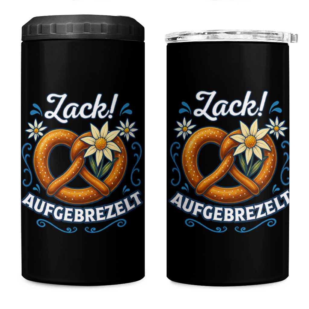 Zack Aufgebrezelt Oktoberfest 4 in 1 Can Cooler Tumbler Funny Bavarian Pretzel Edelweiss Blue - Wonder Print Shop