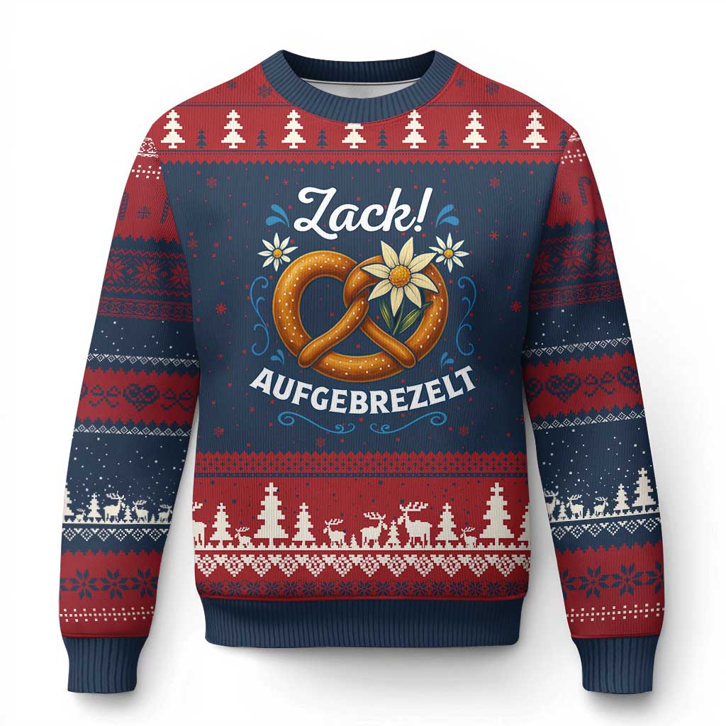 Zack Aufgebrezelt Oktoberfest Ugly Christmas Sweater Funny Bavarian Pretzel Edelweiss Blue - Wonder Print Shop