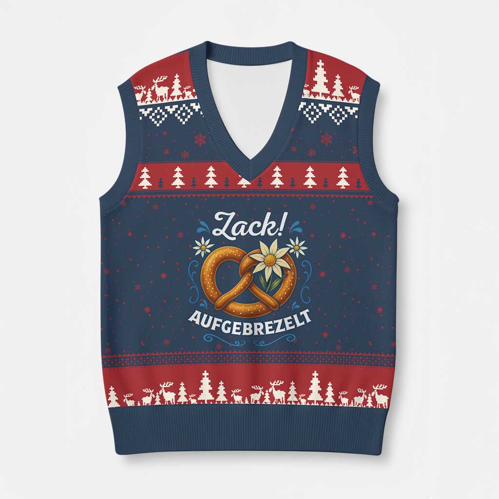 Zack Aufgebrezelt Oktoberfest V-Neck Knit Sweater Vest Funny Bavarian Pretzel Edelweiss Blue - Wonder Print Shop