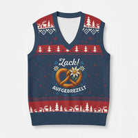 Zack Aufgebrezelt Oktoberfest V-Neck Knit Sweater Vest Funny Bavarian Pretzel Edelweiss Blue - Wonder Print Shop