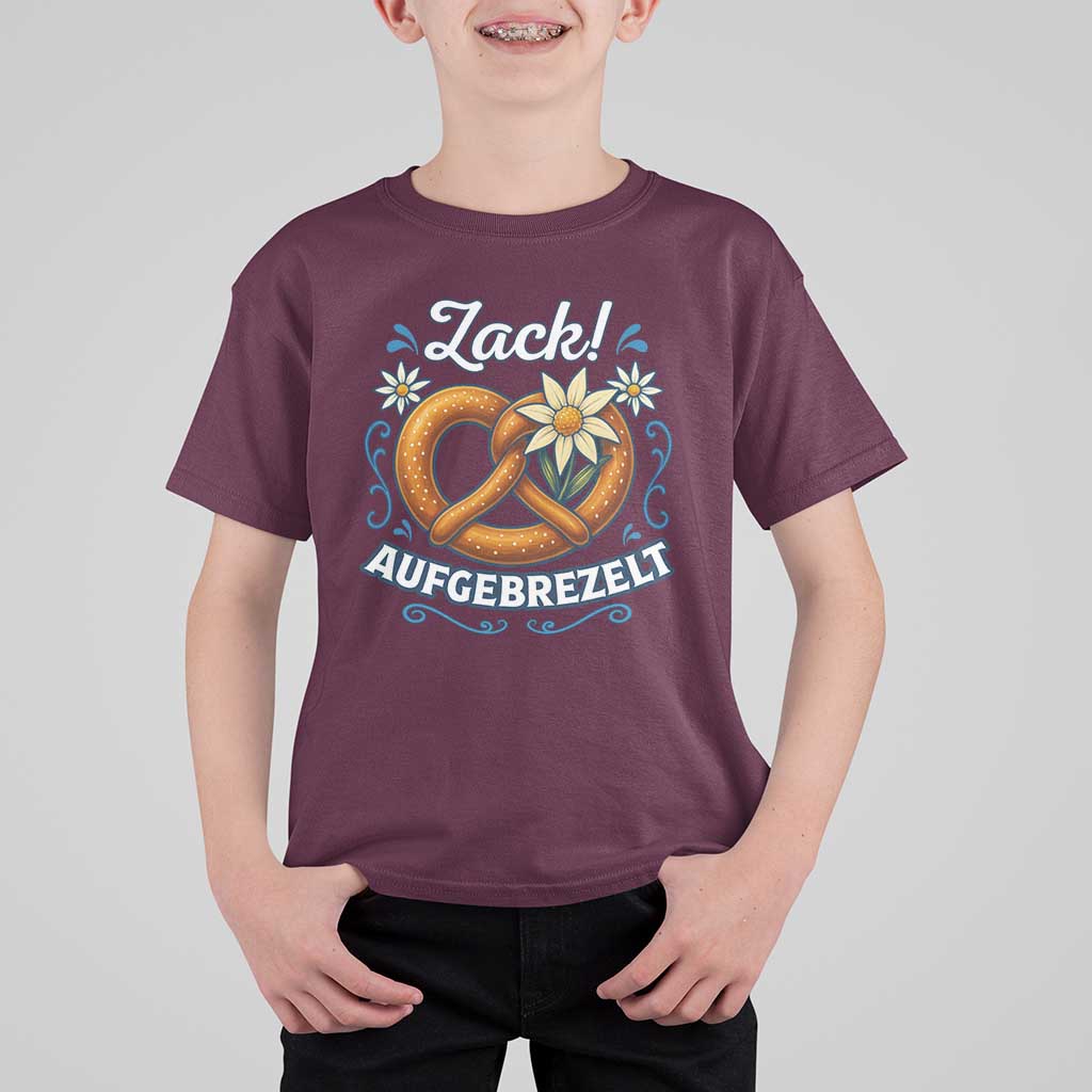 Zack Aufgebrezelt Oktoberfest T Shirt For Kid Funny Bavarian Pretzel Edelweiss Blue - Wonder Print Shop