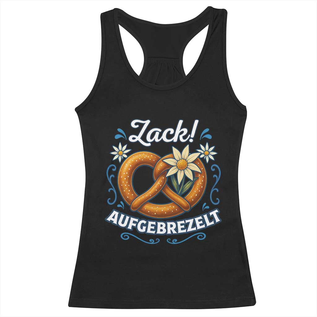 Zack Aufgebrezelt Oktoberfest Racerback Tank Top Funny Bavarian Pretzel Edelweiss Blue - Wonder Print Shop