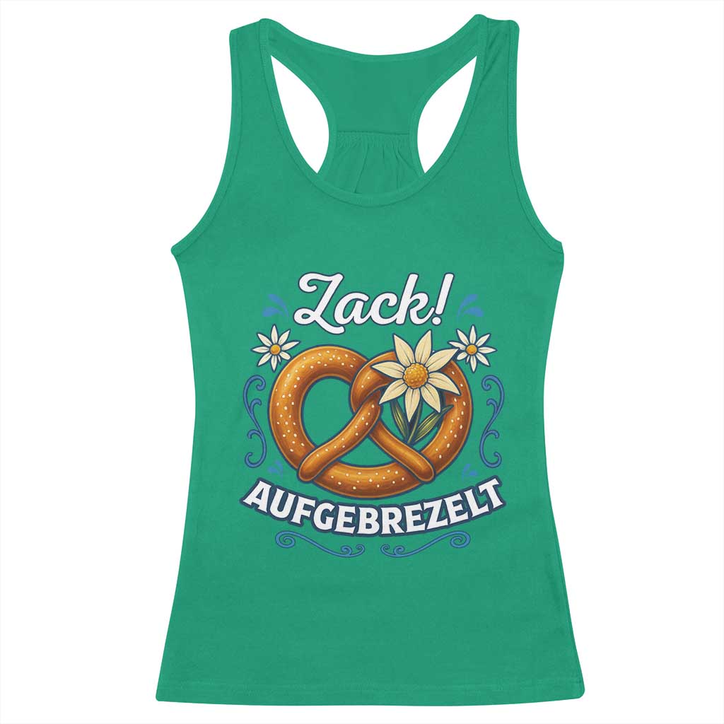 Zack Aufgebrezelt Oktoberfest Racerback Tank Top Funny Bavarian Pretzel Edelweiss Blue - Wonder Print Shop