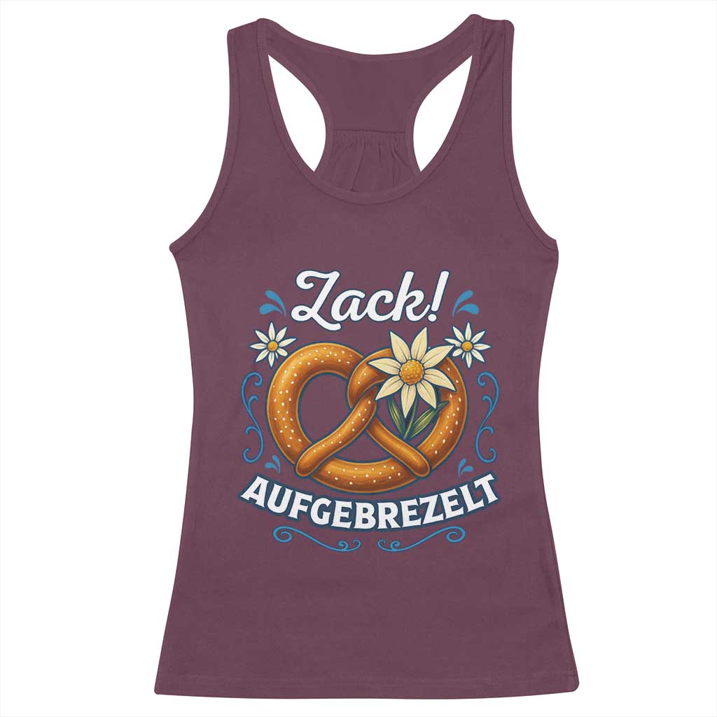 Zack Aufgebrezelt Oktoberfest Racerback Tank Top Funny Bavarian Pretzel Edelweiss Blue - Wonder Print Shop
