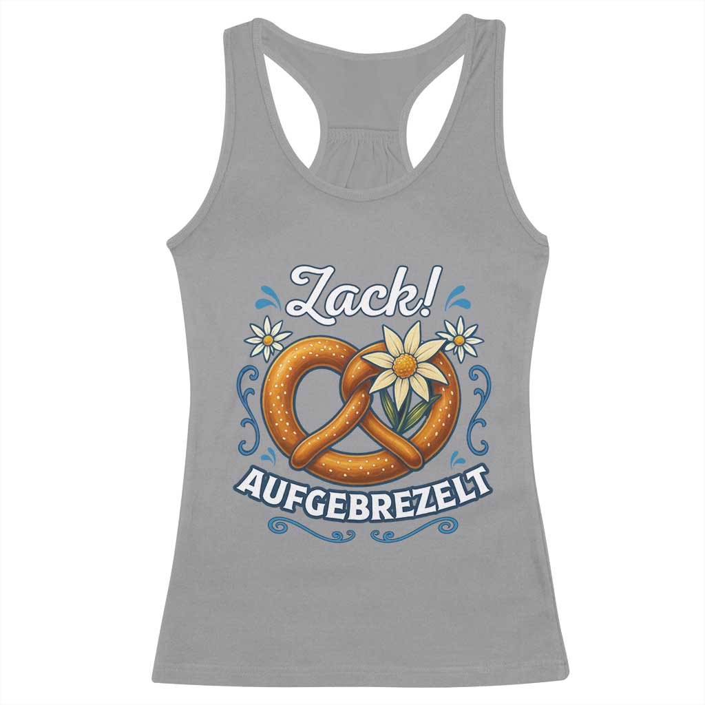 Zack Aufgebrezelt Oktoberfest Racerback Tank Top Funny Bavarian Pretzel Edelweiss Blue - Wonder Print Shop