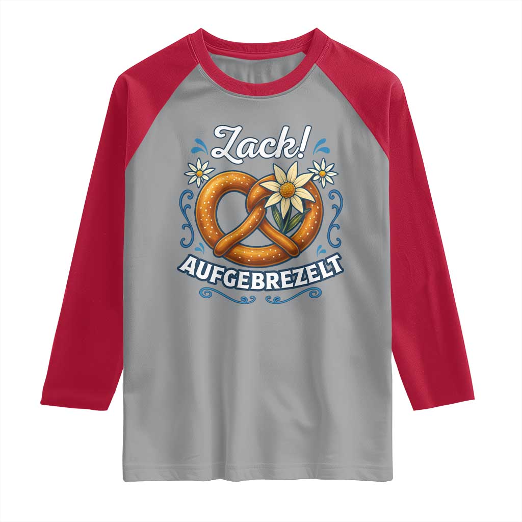 Zack Aufgebrezelt Oktoberfest Raglan Shirt Funny Bavarian Pretzel Edelweiss Blue - Wonder Print Shop