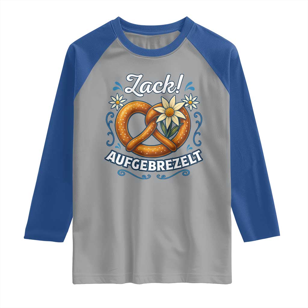 Zack Aufgebrezelt Oktoberfest Raglan Shirt Funny Bavarian Pretzel Edelweiss Blue - Wonder Print Shop