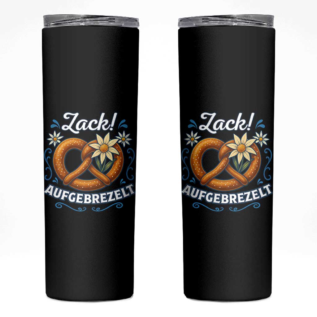 Zack Aufgebrezelt Oktoberfest Skinny Tumbler Funny Bavarian Pretzel Edelweiss Blue - Wonder Print Shop