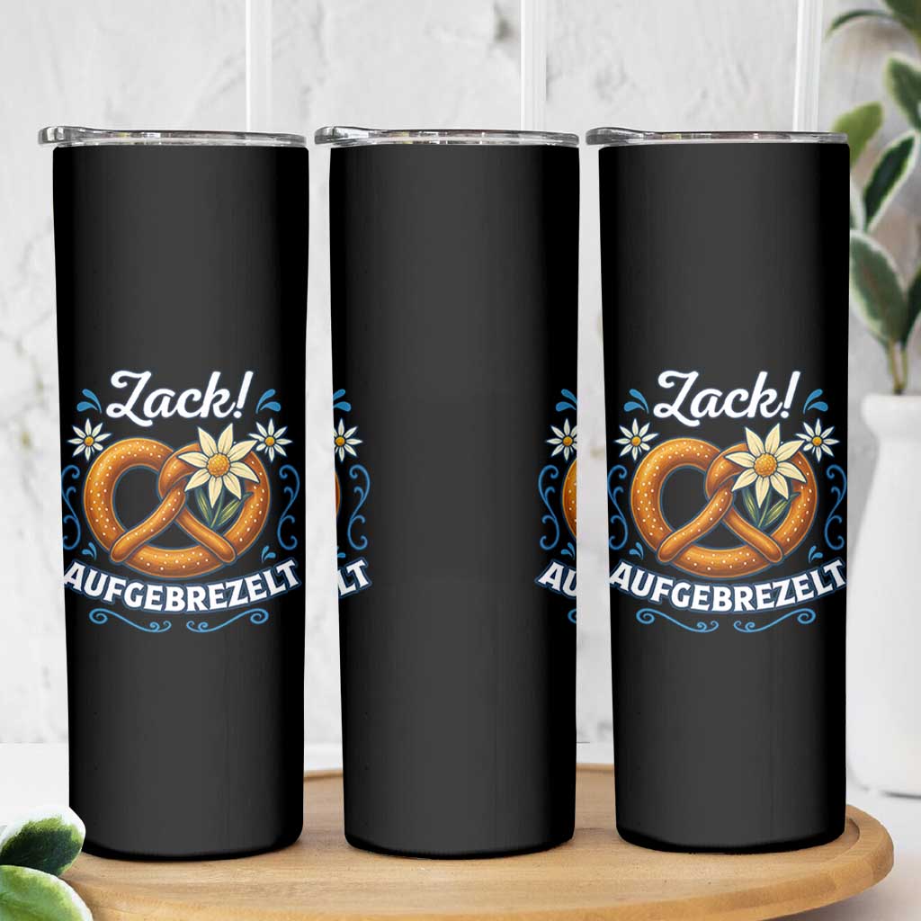 Zack Aufgebrezelt Oktoberfest Skinny Tumbler Funny Bavarian Pretzel Edelweiss Blue - Wonder Print Shop