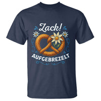 Zack Aufgebrezelt Oktoberfest T Shirt Funny Bavarian Pretzel Edelweiss Blue - Wonder Print Shop