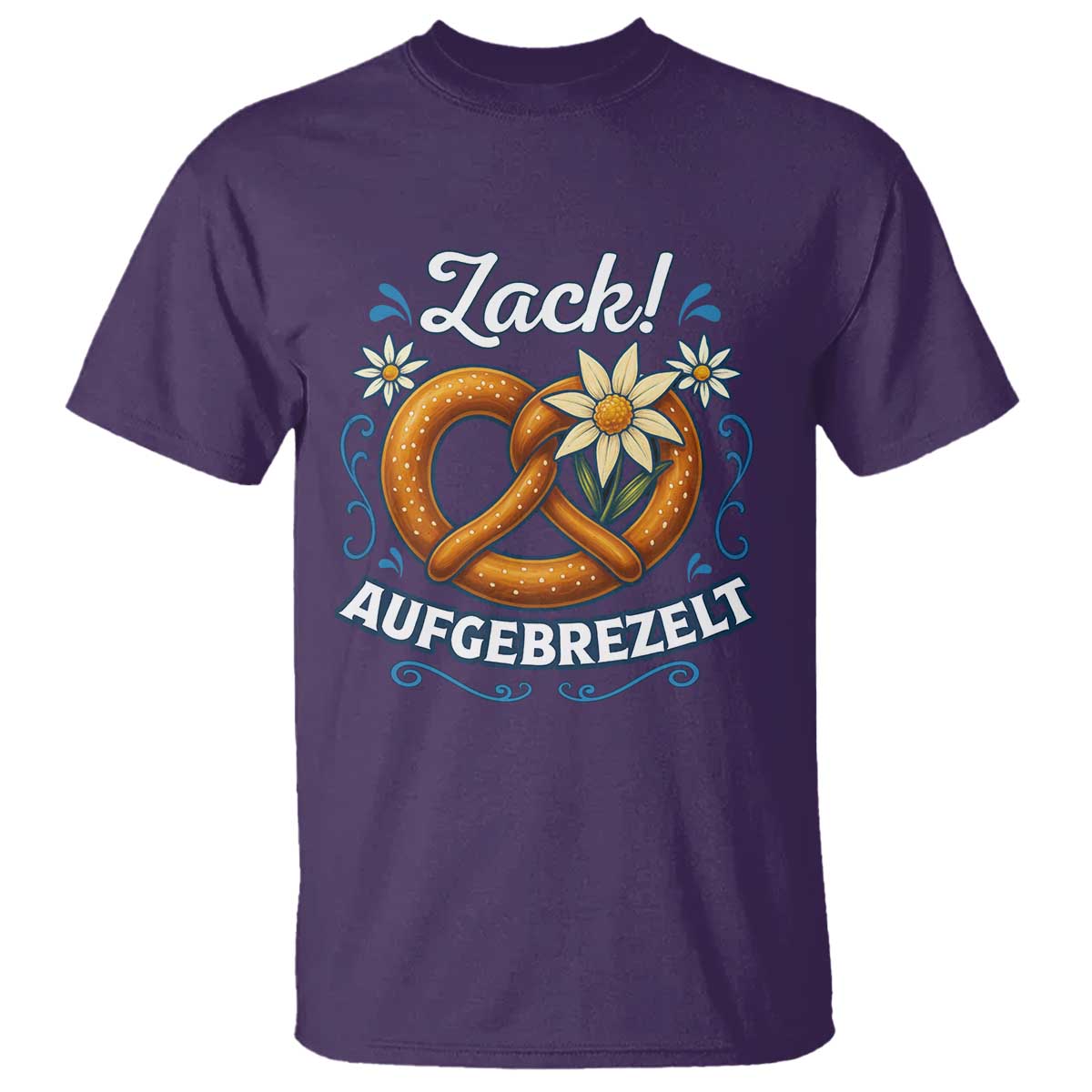 Zack Aufgebrezelt Oktoberfest T Shirt Funny Bavarian Pretzel Edelweiss Blue - Wonder Print Shop