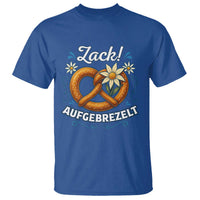 Zack Aufgebrezelt Oktoberfest T Shirt Funny Bavarian Pretzel Edelweiss Blue - Wonder Print Shop
