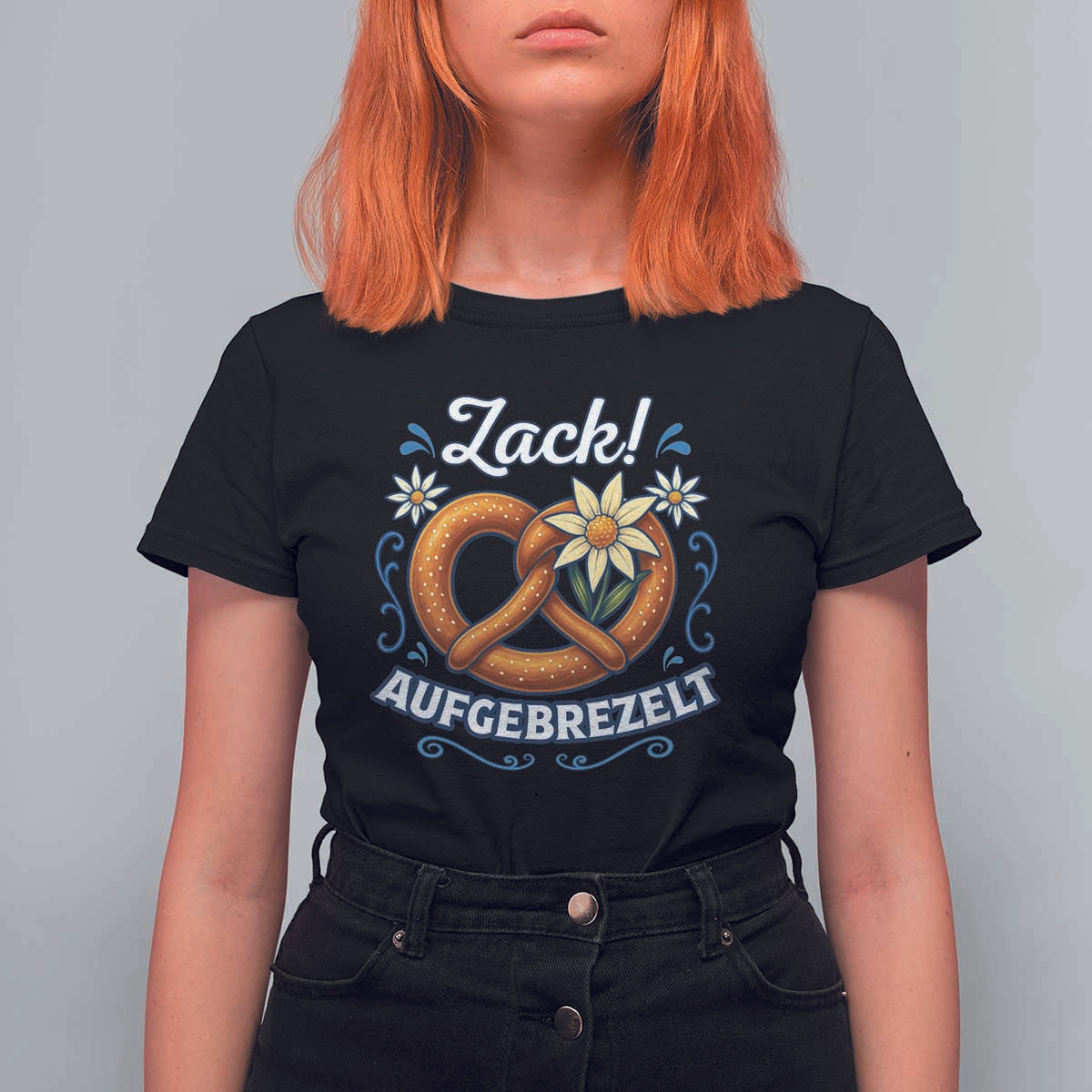 Zack Aufgebrezelt Oktoberfest T Shirt For Women Funny Bavarian Pretzel Edelweiss Blue - Wonder Print Shop