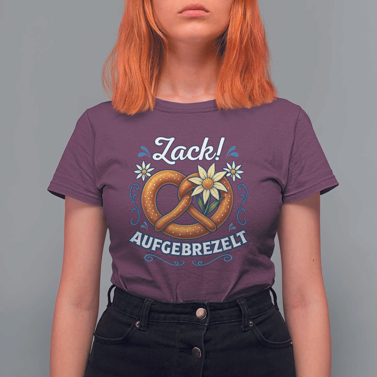 Zack Aufgebrezelt Oktoberfest T Shirt For Women Funny Bavarian Pretzel Edelweiss Blue - Wonder Print Shop