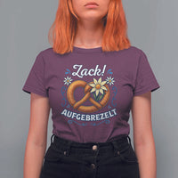 Zack Aufgebrezelt Oktoberfest T Shirt For Women Funny Bavarian Pretzel Edelweiss Blue - Wonder Print Shop