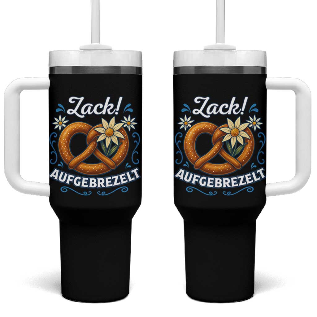 Zack Aufgebrezelt Oktoberfest Tumbler With Handle Funny Bavarian Pretzel Edelweiss Blue - Wonder Print Shop