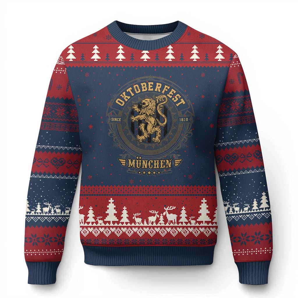 Oktoberfest Munchen Ugly Christmas Sweater Munich Vintage Round Emblem with Bavarian Lion - Wonder Print Shop