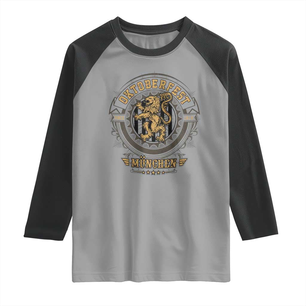 Oktoberfest Munchen Raglan Shirt Munich Vintage Round Emblem with Bavarian Lion - Wonder Print Shop