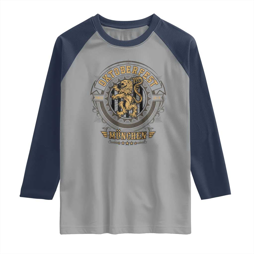 Oktoberfest Munchen Raglan Shirt Munich Vintage Round Emblem with Bavarian Lion - Wonder Print Shop