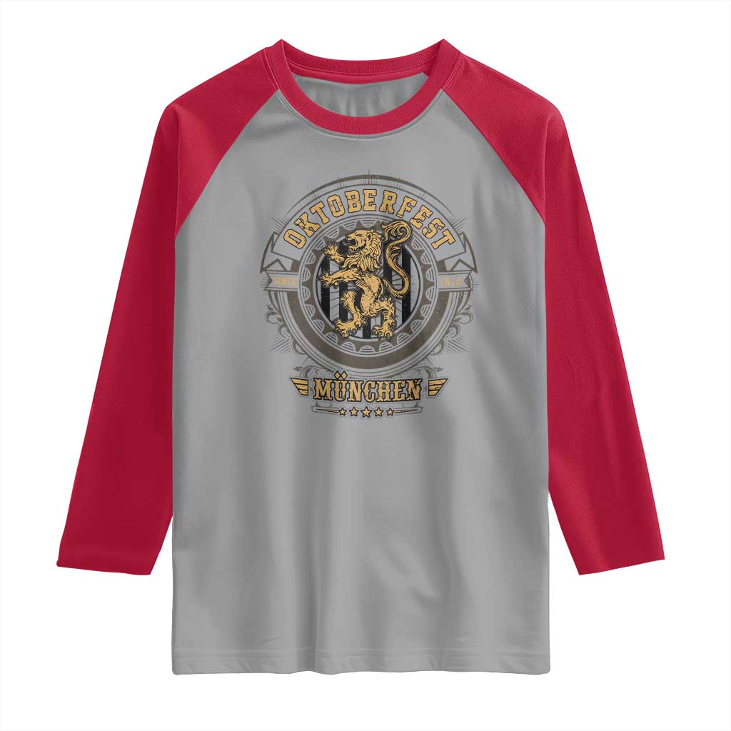 Oktoberfest Munchen Raglan Shirt Munich Vintage Round Emblem with Bavarian Lion - Wonder Print Shop