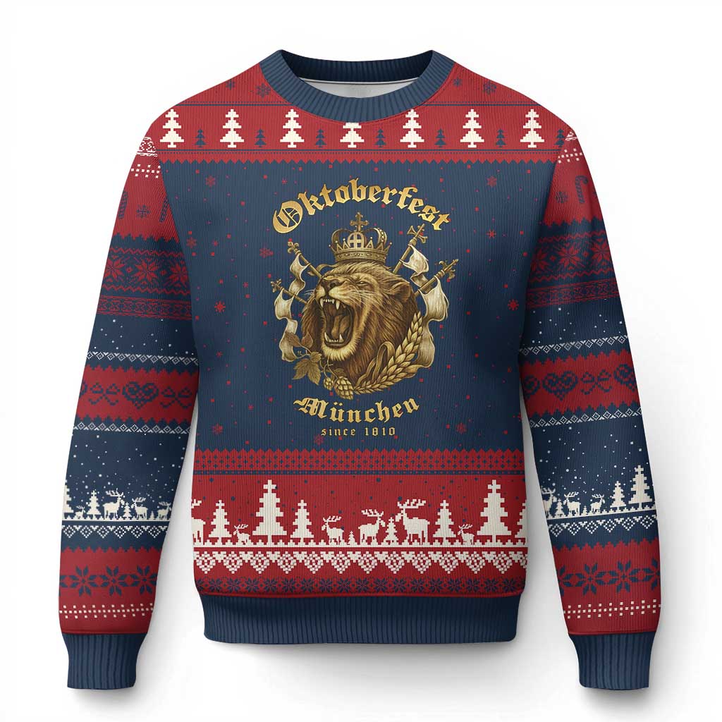 Oktoberfest Munchen Roaring Lion Ugly Christmas Sweater Since 1810 Crown and Beer Weapon - Wonder Print Shop