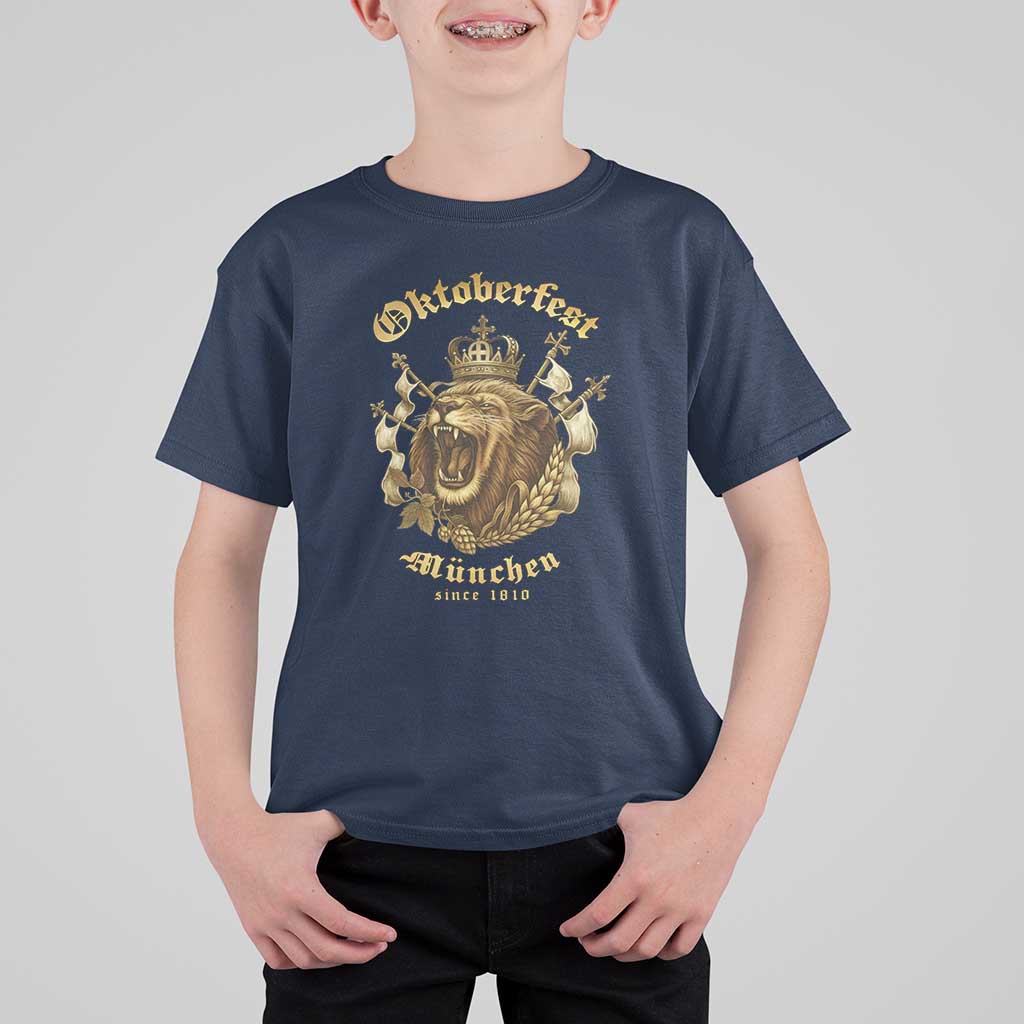 Oktoberfest Munchen Roaring Lion T Shirt For Kid Since 1810 Crown and Beer Weapon - Wonder Print Shop